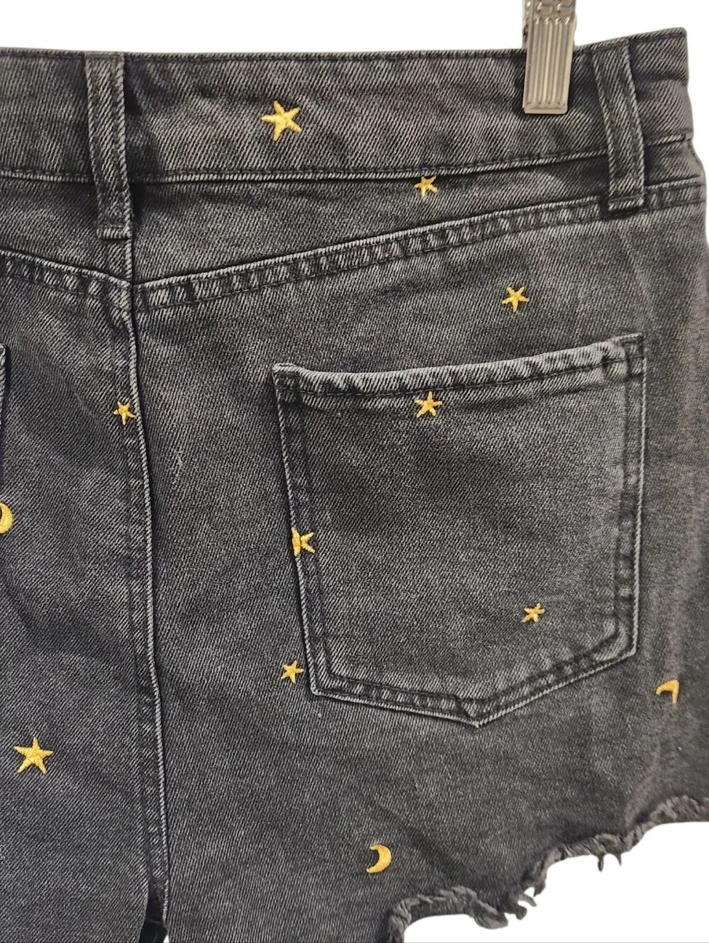 Tinseltown Black Denim Shorts Size 11 Juniors Gold Star Moon Embroidered Distres